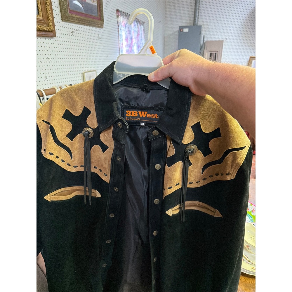 3B West by Lonsmith Mens Suede Leather Western Jacket Black Tan Snap Front Med
